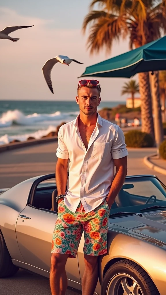 "The blonde man with an all-American look stands confidently at the center of the deck of a sleek sports car, parked on a scenic coastal road. He has short, sleek blonde hair and an unmistakable American facial appearance, embodying the charisma of a Hollywood star. He is dressed in vividly colored, floral-patterned shorts, a crisp white shirt, a stylish bracelet on his wrist, and pristine white sneakers. Red sunglasses are casually perched on his head. His well-defined face is prominently displayed, illuminated by the soft glow of the setting sun. In the background, waves crash against the rocky shore, creating a dynamic and powerful scene. Seagulls fly overhead, adding a touch of nature's tranquility. The sports car’s polished surface reflects the golden hues of the sunset. The scene is captured with a high-resolution DSLR and a 50mm f/1.2 lens, highlighting the man's striking presence at the center of the image and the breathtaking coastal landscape around him."