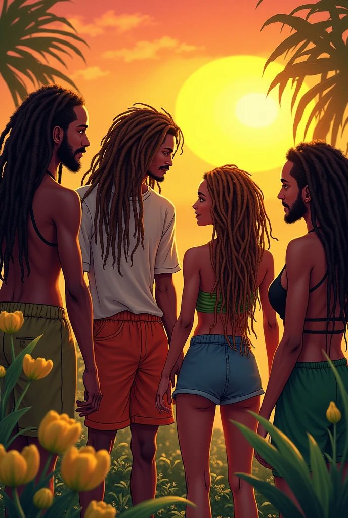 Reggae is life red colors, yellow, Unripe, floret, sunset, several people with dreadlocks