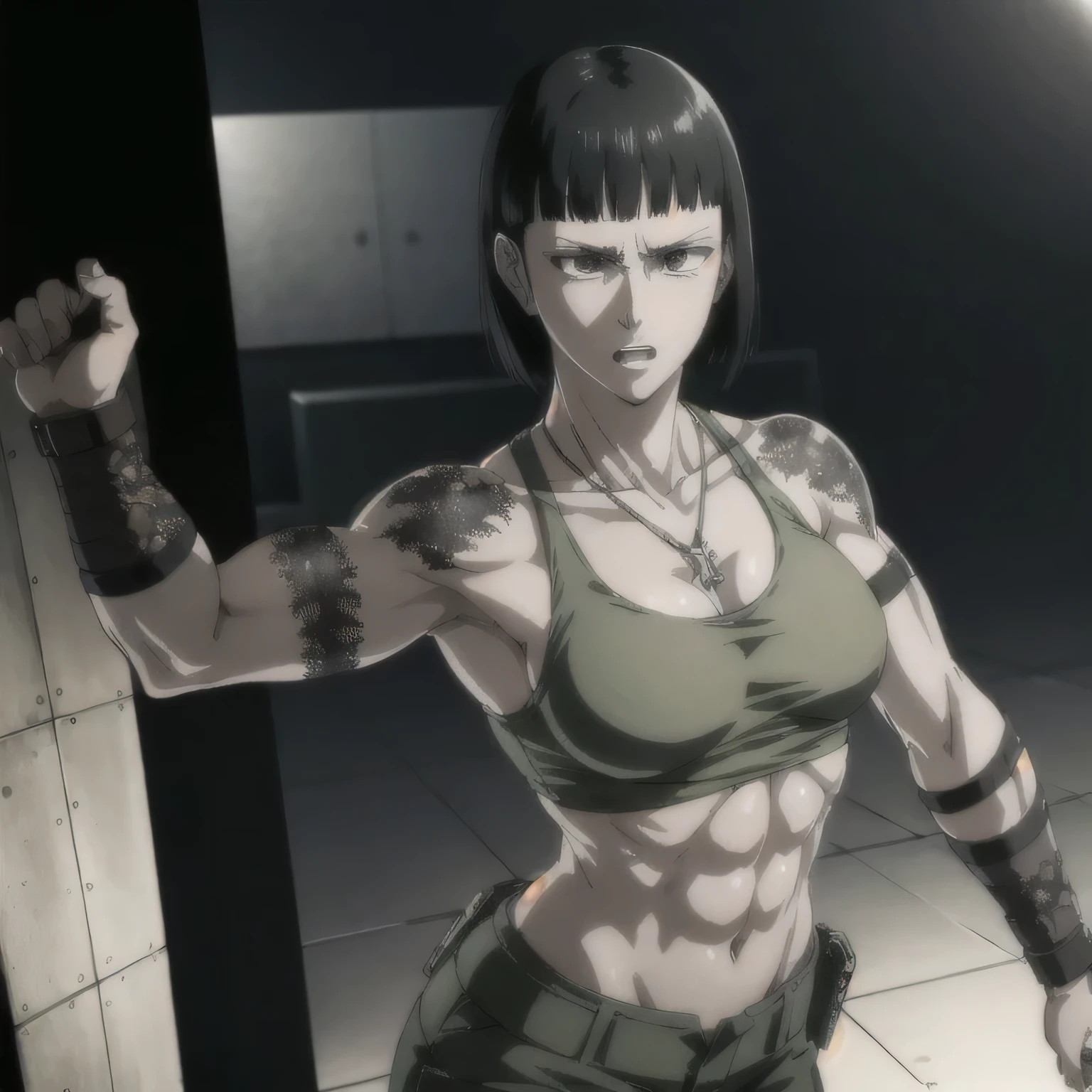 (best quality,ultra-detailed,realistic:1.37),musclaur badass girl with sculpted body have a tattoos wearing jacket with tank top and combat trouser, full review of the female character's face and body, intense expression, strong and confident posture, studio lighting, vivid colors, physiologically-based rendering, grungy texture, rugged background, dust particles in the air, commanding presence, professional, powerful, gritty aesthetics,,Valmet،short hair,necklace,six-pack