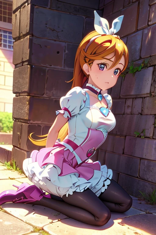 Cure Rhythm、Pretty Cure、Blonde、Long Hair、c cup breasts、(Inside the Jail)、One girl、((Pantyhose with holes))、(boots)、ponytail、(Being restrained)、Kneeling、(Black Pantyhose)