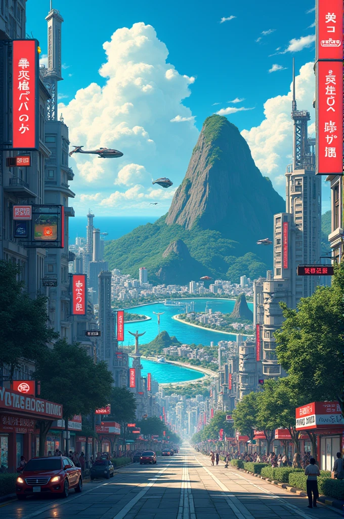 "Create a Japanese manga-style image of a futuristic city in Rio de Janeiro in the year 2100. Showcase a vibrant metropolis with towering skyscrapers and innovative architecture, mixing futuristic design elements with traditional Rio touches. Include flying vehicles and bright neon lighting streets. The landscape should reflect a fusion of nature and technology, with Sugarloaf Mountain and Christ the Redeemer adapted to a modern environment, perhaps as iconic landmarks with advanced technology. The scene should convey a feeling of progress and energy, capturing the essence. city ​​dynamics in the distant future."