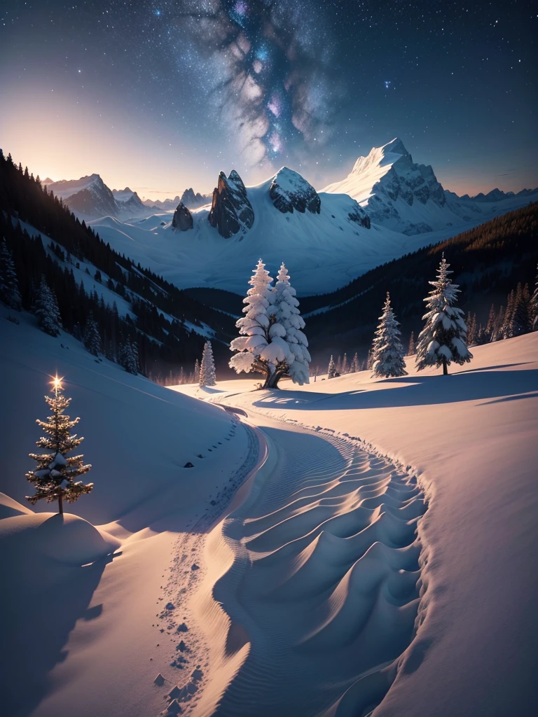 starry night, Rime landscape,(Snow-covered trees),Frost Fog,Northern Lights, Towering snow-capped mountains, bonfire,A small house covered in snow,Snowy Hideaway, reindeer,pedestrian,sled,Winter Wonderland,Vibrant colors, cloud,mist,new moon,Galaxy, Subtle blue,Stunning scenery, Ice Cliff, Frozen Lake, Peaceful, Magnificent, Ethereal Glow, A miracle of nature, Peaceful solitude, Celestial wonders, Broad, Natural Phenomenon, Christmas Eve, Quiet Reflection, Sparkling stars, Mysterious charm (Best quality,4K,8K,High-rise buildings,masterpiece:1.2),Extremely detailed,(Realistically,Photorealism,Photo-realistic:1.37),HDR,Ultra HD,Studio Lighting,Extremely detailed的描述,Physically Based Rendering,professional,Bright colors。