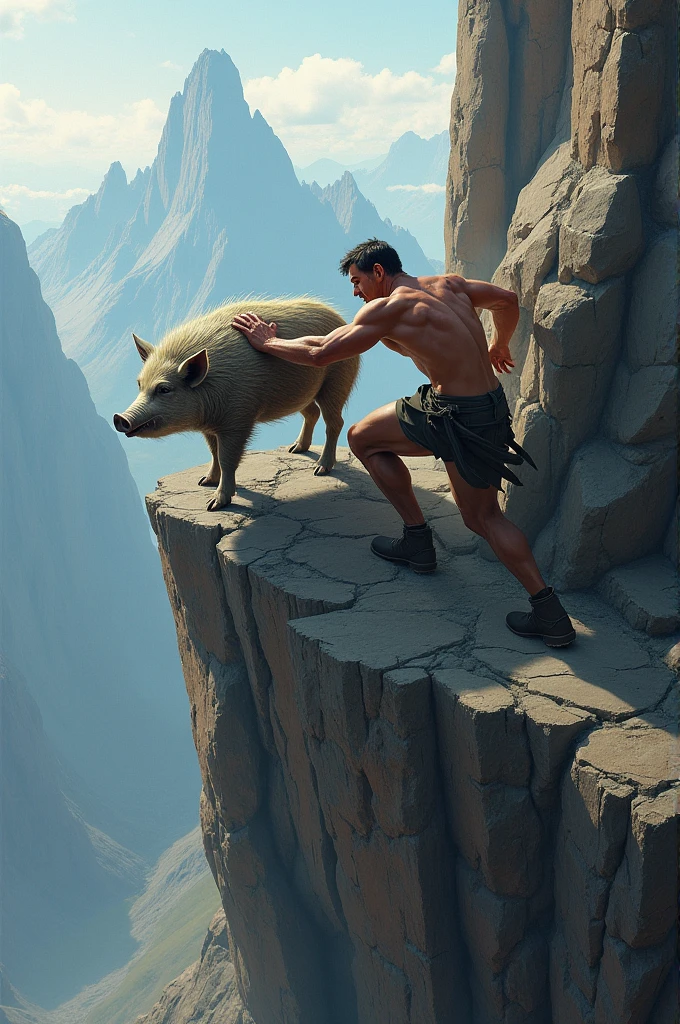 Man pushing a pig from a high mountain 