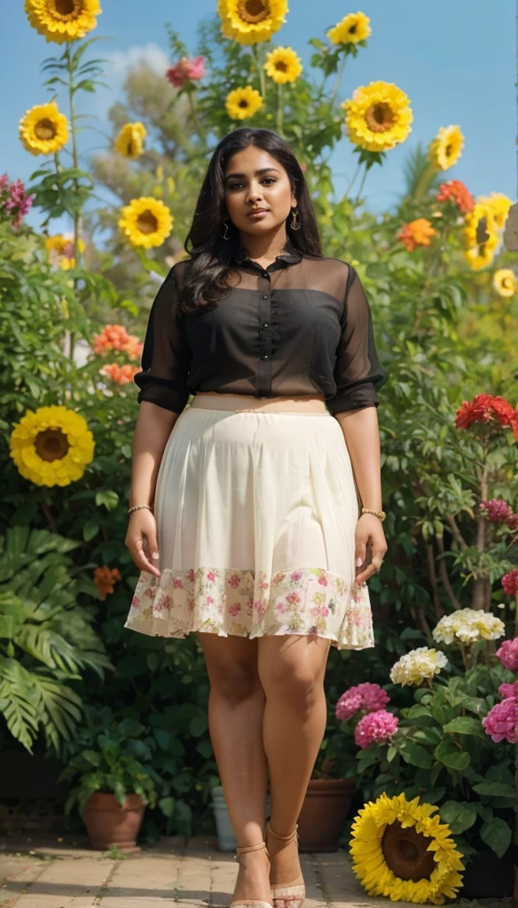 Day scene, A radiant, full-figured South Indian 35 year old aunty a cream colour chiffon mini skirt and black chiffon shirt, standing, in a garden captured in a full-body image with vibrant hues and meticulous details. Full body image