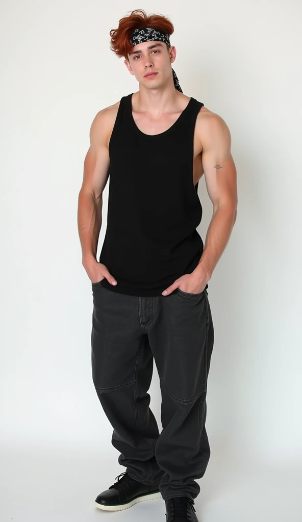 Realistic photo of a 24 year old Korean boy, pale face, beautiful  face, Muscular and strong body, wavy red neck length hair,  wearing a black tank top , wearing a bandana on his head, wearing a very loose baggy hip hop style jeans, white background , standing, fully body, posing for photo shoot, doing sexy poses