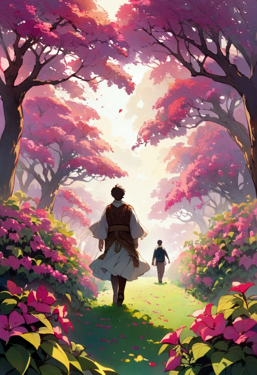 In the background a field full of bougainvilleas,a boy walking in the distance in the.