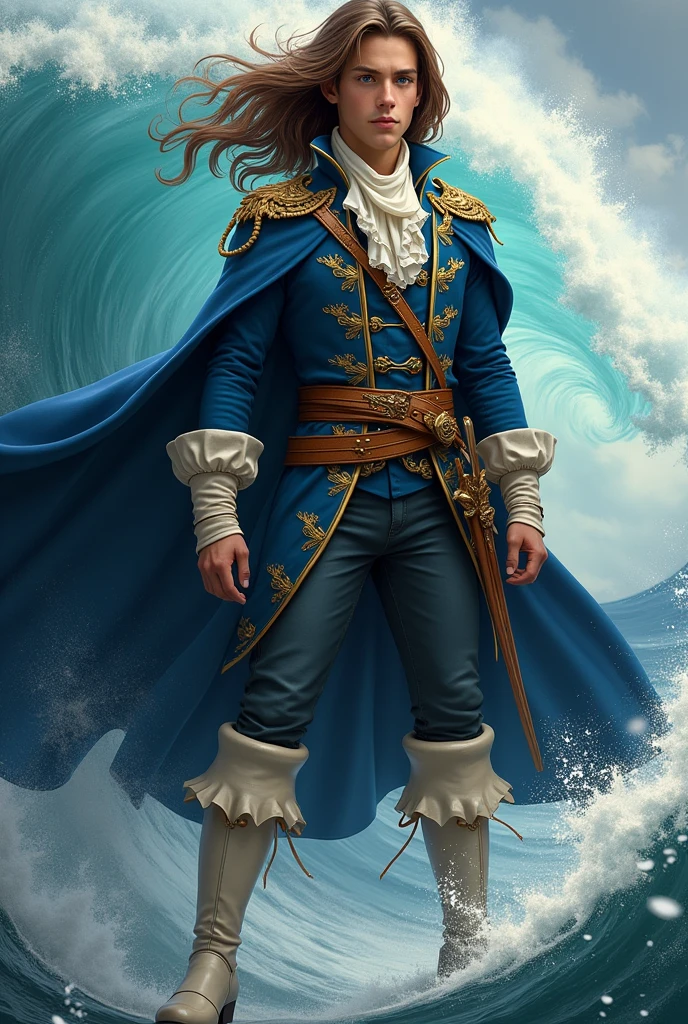 photo by full body, best qualityer, male teenager with long brown hair, details Intricate, 真实感, blue and gold musketeer clothes, with waves, whole body, full body, men's boots in white