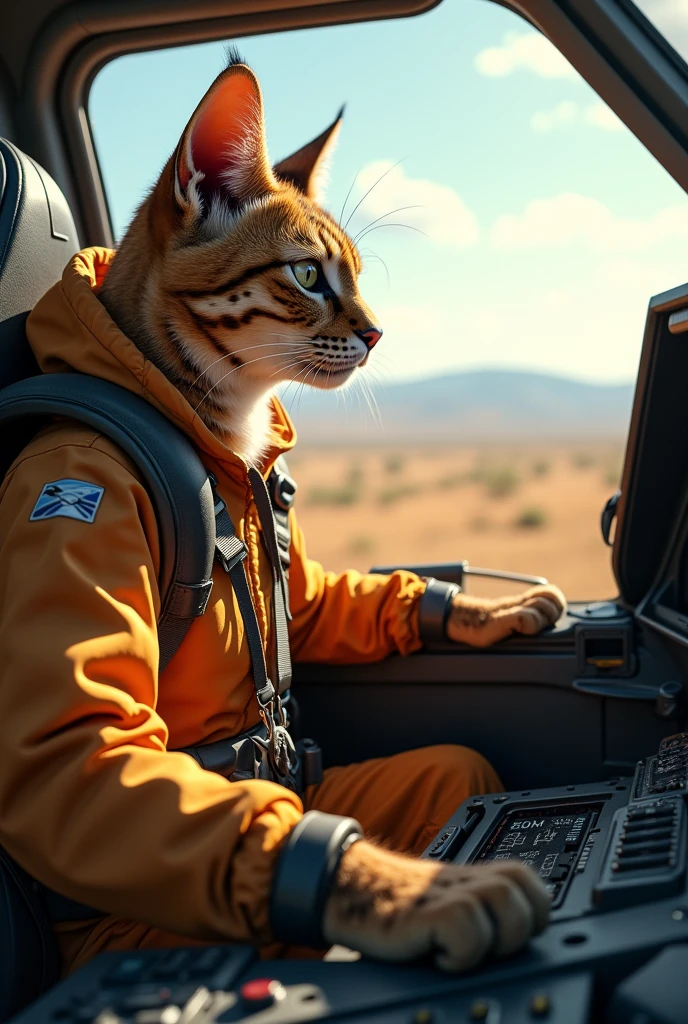 Savannah cat wearing a pilot suit and flying a fighter plane , realistic, real, high-resolution details, full picture as real life