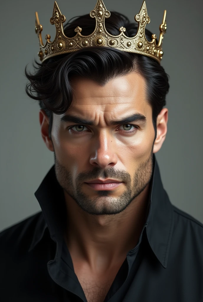 (photorealism:1.2), attractive black haired man, Smoky grey eyes and a serious expression, very handsome with a crown