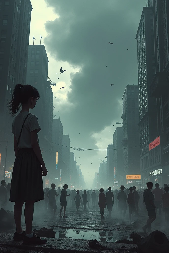 Create an image of a story where you see a city full of angry children and a big gray cloud. and on one side there is a girl watching