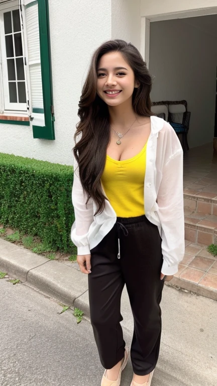 1 mexican girl, 25 years old, Long Wavy black Hair, dark brown eyes, teen, nude, cleavage, smiling, wear white overszie shirt and hot yellow shortpant, cleavage, standing full body in the little park in front of simple house