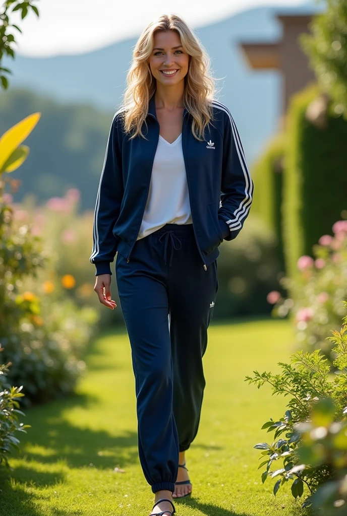 Beautiful caucasian woman, wavy lush medium blonde hair, deep green eyes, wearing navy blue zip up adidas tracksuit jacket and pants, white shirt, happy smile, walking on the garden, high hill sandals, sunny day