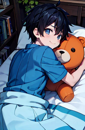 1 boy, he hugs a big orange teddy bear, Upper body shot only, Black short hair, He is wearing a light blue shirt, He smiles gently., Bed, Bookshelf, ornamental foliage plant