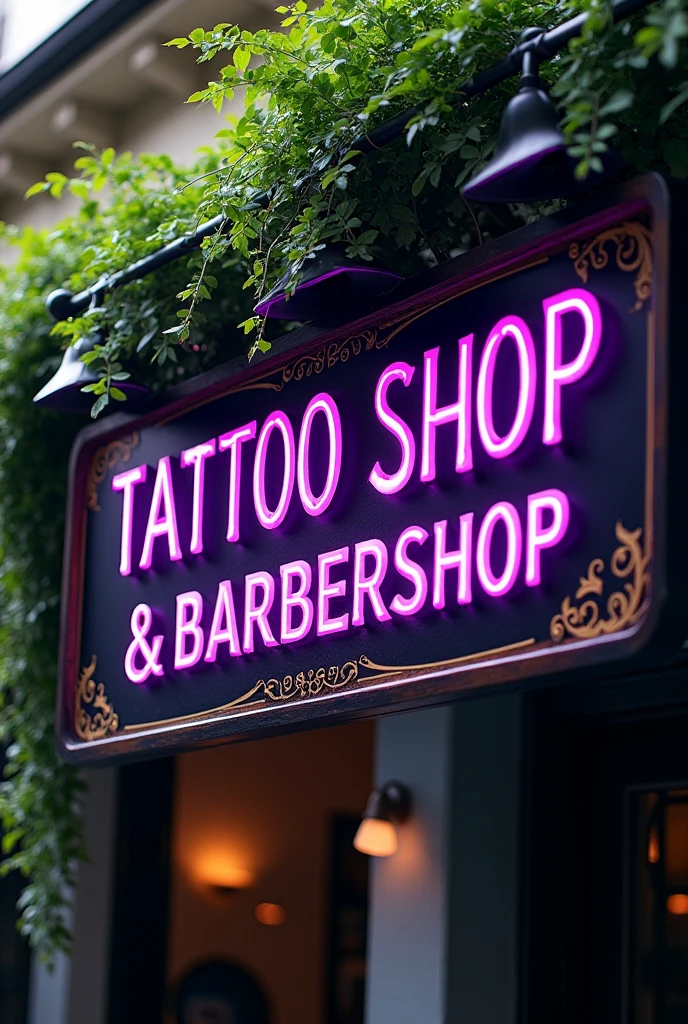 Verde purpura Letrero tattooshop barbershop horizontal