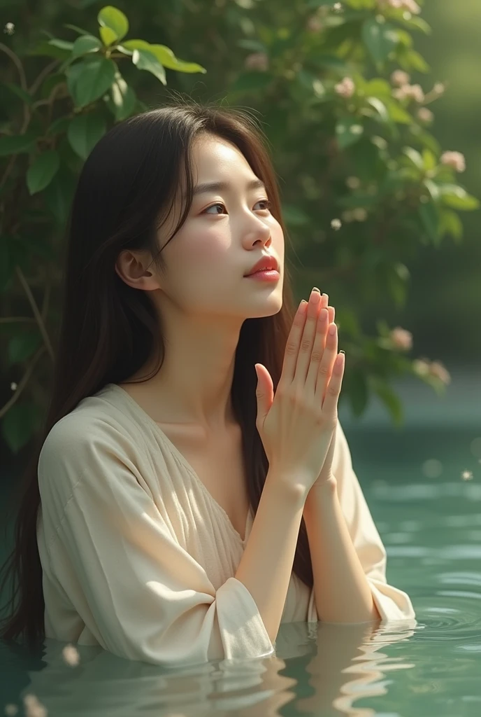 realistic image 32 year old woman in peace
