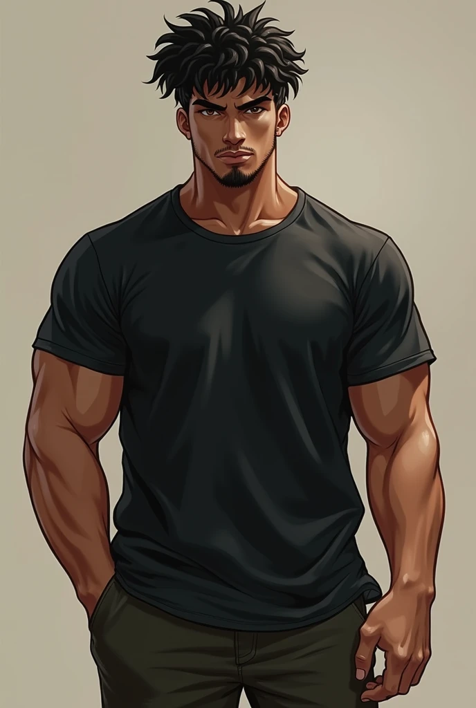 Draw Izaque, a white boy with curly hair, he is 1.80 wears a black shirt and black pants, but just a little bit muscular, he has a defined chin and is like a bear but without hair on his face, brown eyes, black hair, gym rat and big shirt 15 years old Very masculine caveman type