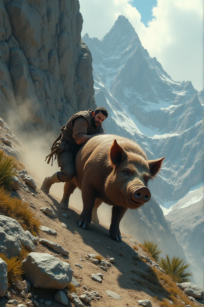 Person pushing a pig from a mountain
