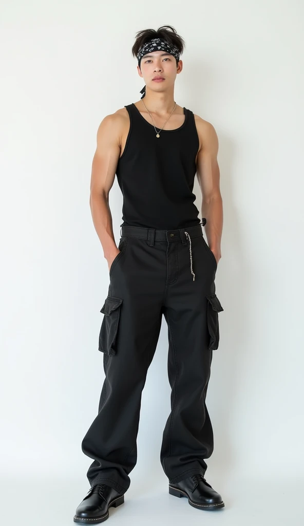 Realistic photo of a 24 year old Korean boy, pale face, beautiful face, Muscular and strong body, wearing a black tank top , wearing a bandana tied around his head, wearing a very loose baggy hip hop style jeans, white background , standing, fully body, posing for photo shoot, doing sexy poses