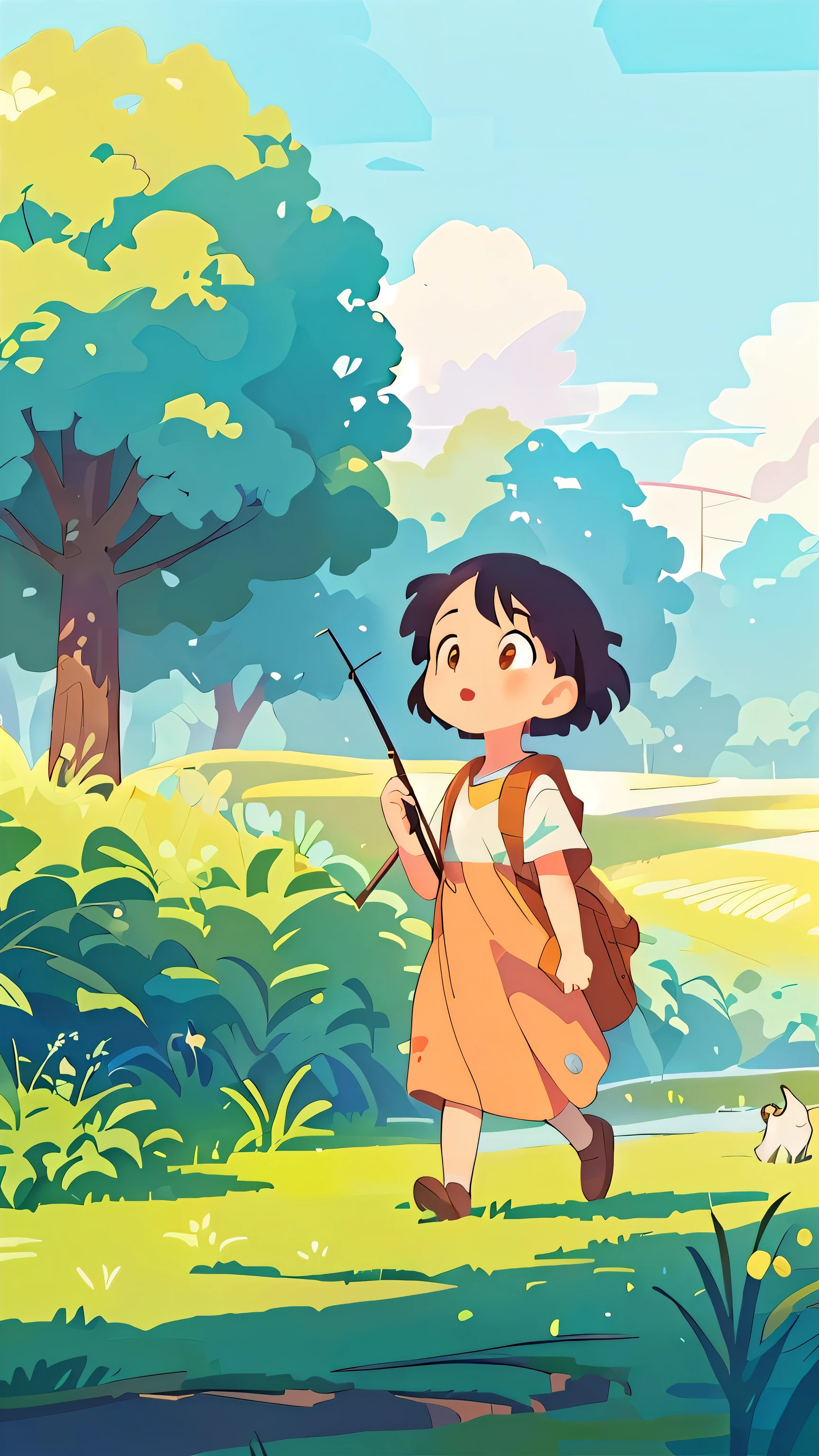 Cartoon girl with a backpack and a dog in the field, Official Art, studio Ghibli art style, studio Ghibli art style, Ghibli art style, Studio Ghibli animation style, Ghibli art style, Official Artwork, Ghibli animation style, lofi stylestyle, Kubis Art, Lo-Fi Girl, Official illustrations, lofi style, Produced in collaboration with Anime Painter Studio,Seasonal Change,The summer heat is fading,A cool breeze on your face,Under the blue sky and white clouds,The tips of the yellow leaves in the forest are slightly exposed,The rice fields are golden in the distance,heralds the joy of harvest。Morning dew has not yet dried,The sunset is gorgeous,People walking on the forest path,Or go fishing leisurely by the river,Enjoying this peaceful and tranquil time