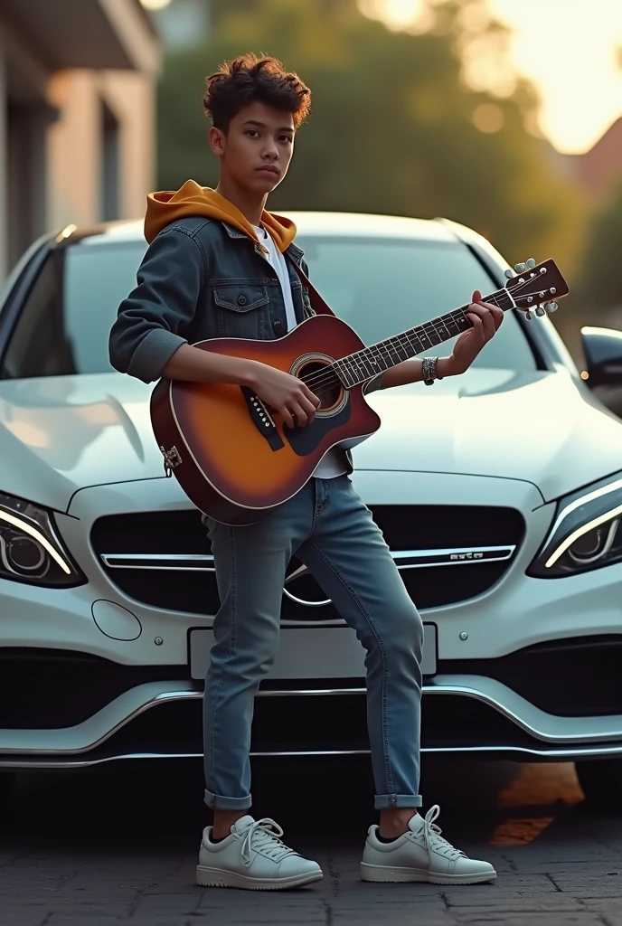 Junior next to a Mercedes playing a guitar
