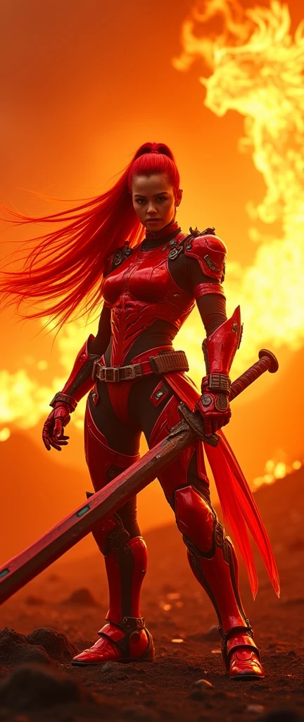 In a cinematic Cowboy Shot framing, a majestic woman dons armored core-style ninja robot armor, her bright red hair flowing like flames in a long ponytail down her back. Against the fiery backdrop of a red battlefield, where a translucent dragon crafted from summoned flames takes shape. She stands poised, grasping a massive sword with both hands, ready for battle. Her cyberpunk-tinged armor glows with electronic vitality, while her detailed face and body radiate a sense of intensity. Hair blown back by the wind, she embodies the essence of a Flame Ninja, prepared to unleash a dynamic display of combat prowess, complete with flashy special move effects that illuminate the smoldering landscape.