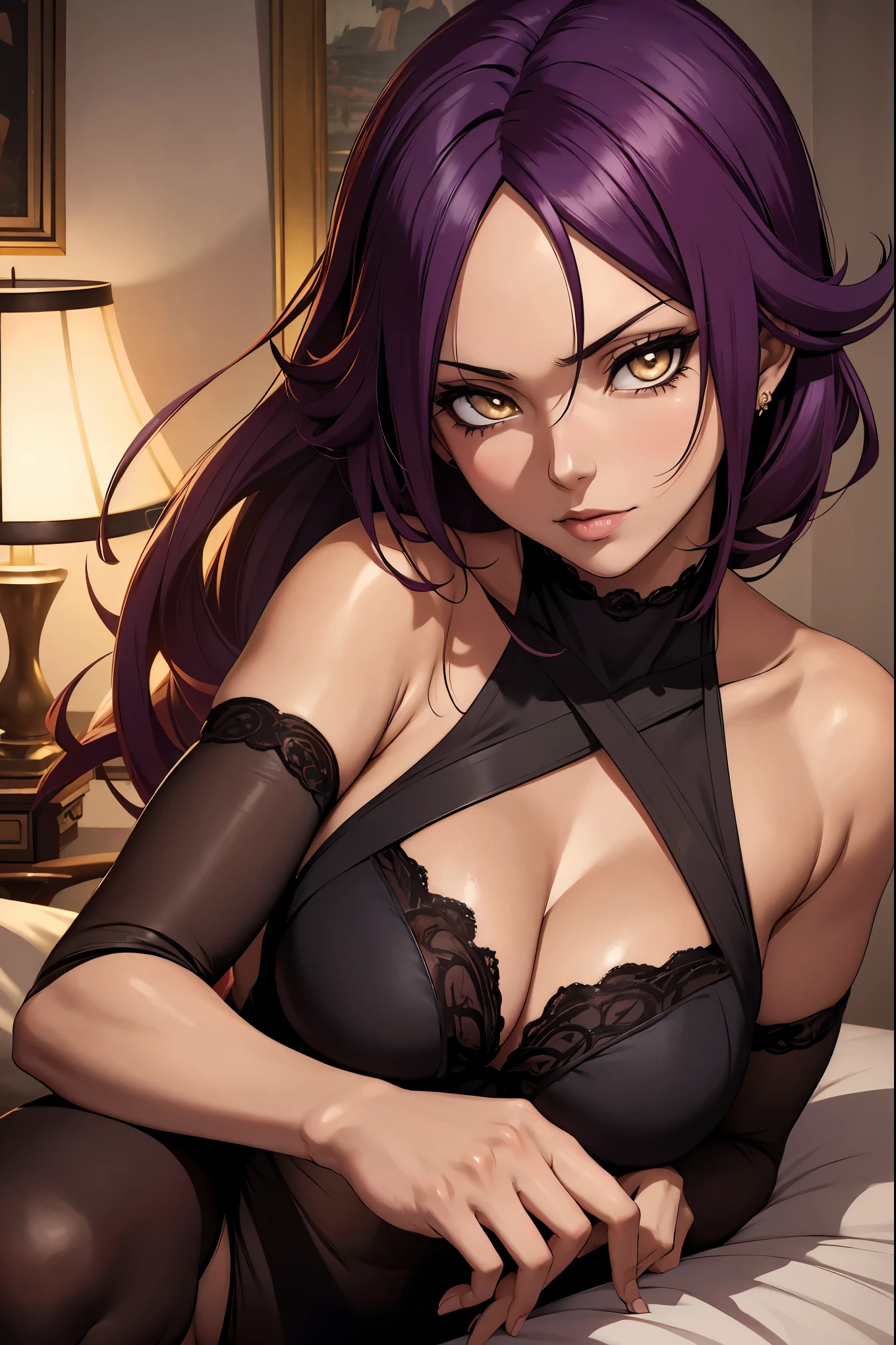 Hot Yoruichi Shihouin, masterpiece), (portrait), medium breasts (aesthetics), A 32-year-old woman ,sex pose, romantic lighting that enhances her feminine features. Sex lingerie, seductive atmosfer NSFW