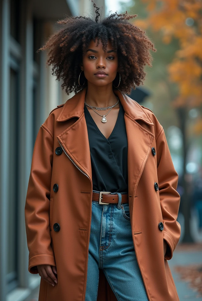 A striking photograph of a person confidently revealing their full potential through fashion. The individual is dressed in a stylish, well-coordinated outfit that reflects their personality and sense of self. They stand tall with a confident posture, perhaps smiling or looking determined, in an urban or modern setting. The background is subtly blurred, focusing attention on the person. The image should convey a sense of empowerment, self-discovery, and personal growth, with lighting that enhances the vibrancy of the outfit and the subject's aura