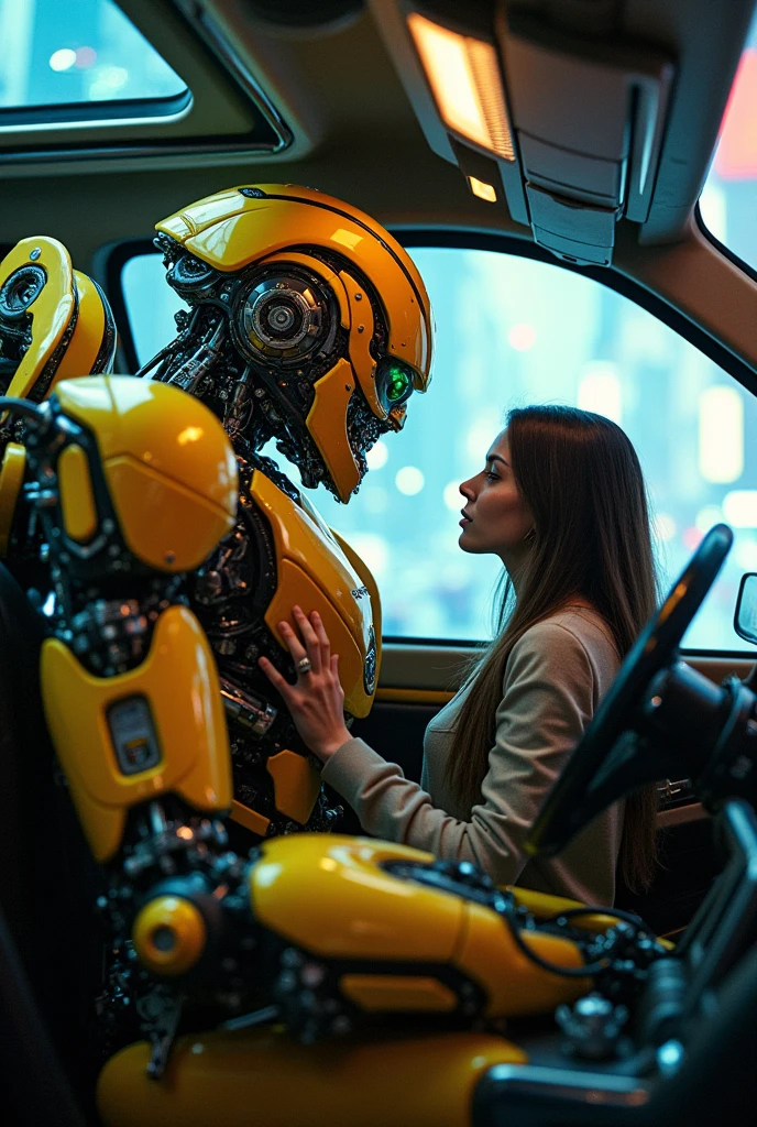 a bumblebee transformer, yellow and black robot car, extremely detailed, 1 female passenger, inside a fake taxi, photorealistic, cinematic lighting, intricate machinery, dynamic action pose, shiny metallic surfaces, glowing neon lights, detailed interior, urban city background, vibrant colors, concept art style