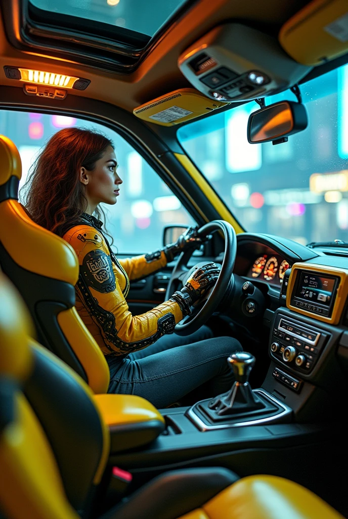a bumblebee transformer, yellow and black robot car, extremely detailed, 1 female passenger, inside a fake taxi, photorealistic, cinematic lighting, intricate machinery, dynamic action pose, shiny metallic surfaces, glowing neon lights, detailed interior, urban city background, vibrant colors, concept art style