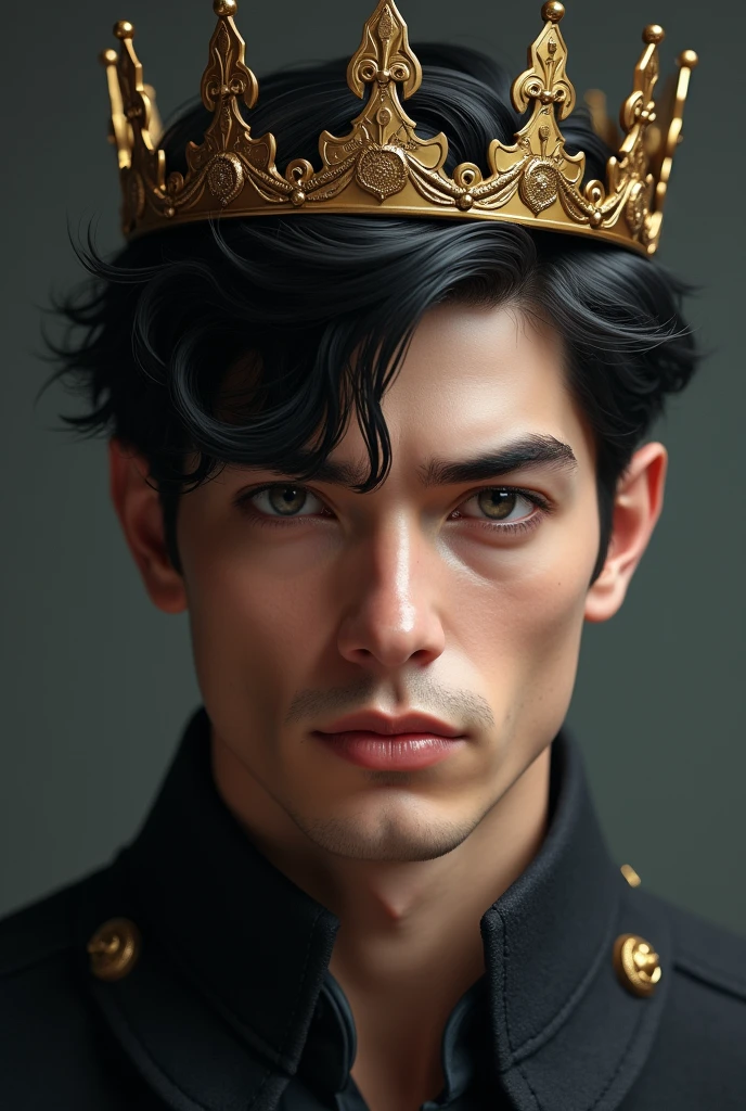 (photorealism:1.2), attractive young man with black hair, Smoky grey eyes and a serious expression, very handsome with a crown