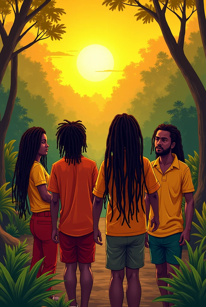 Red Reggae Colors and Symbols, yellow, Unripe, forst, sunset, several people with dreadlocks
