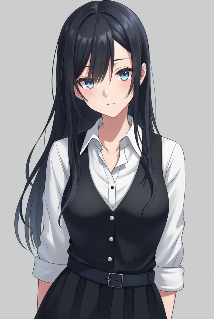 More mature anime style image. A gray background image. A teenager with long black hair loose with a side bang, light blue eyes, with piercings in both ears and a serious expression, a white formal blouse with one button unbuttoned and the sleeve of the blouse rolled up to the elbows, a black vest over it, a black skirt with a black belt on the side.