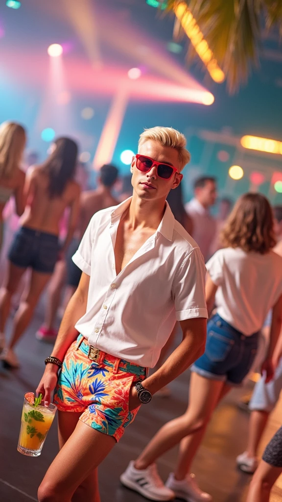 "The blonde man with an all-American look stands confidently in the center of a vibrant nightclub, holding a tropical drink in his hand. He has short, sleek blonde hair and an unmistakable American facial appearance, embodying the charisma of a Hollywood star. He is dressed in vividly colored, floral-patterned shorts, a crisp white shirt, a stylish bracelet on his wrist, and pristine white sneakers. Red gamer sunglasses with a sleek, modern design rest on his face, adding an edgy, futuristic vibe. The camera captures a close-up angle, focusing on his well-defined face, which is illuminated by the swirling, multicolored lights of the dance floor. In the background, neon lights and lasers create a dynamic, electrifying atmosphere as people dance to the pulsing beat of the music. The scene is captured with a high-resolution DSLR and a 50mm f/1.2 lens, emphasizing the sharp details of the man's striking features and the vibrant energy of the nightclub."