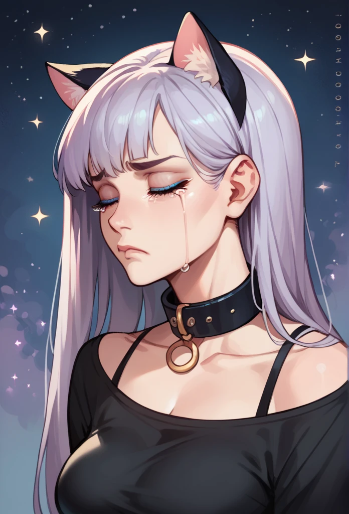 1girl, cat ears, long hair, bangs, light purple hair, gorgeous blue eyes, eyeliner, long lashes, collar, black shirt, breasts, starry background, sad eyes, frown, profile, sad eyebrows, tears, eyes closed, anguish