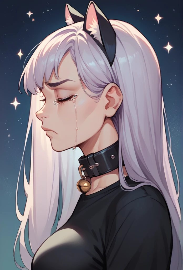 1girl, cat ears, long hair, bangs, light purple hair, gorgeous blue eyes, eyeliner, long lashes, collar, black shirt, breasts, starry background, sad eyes, frown, profile, sad eyebrows, tears, eyes closed, anguish