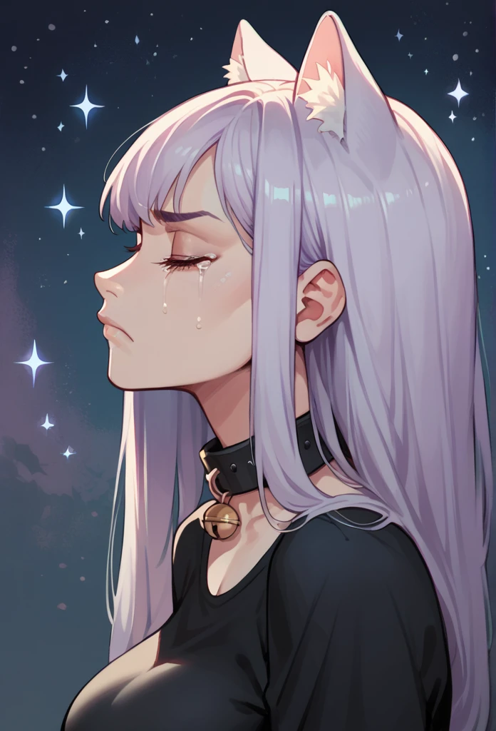 1girl, cat ears, long hair, bangs, light purple hair, gorgeous blue eyes, eyeliner, long lashes, collar, black shirt, breasts, starry background, sad eyes, frown, profile, sad eyebrows, tears, eyes closed, anguish