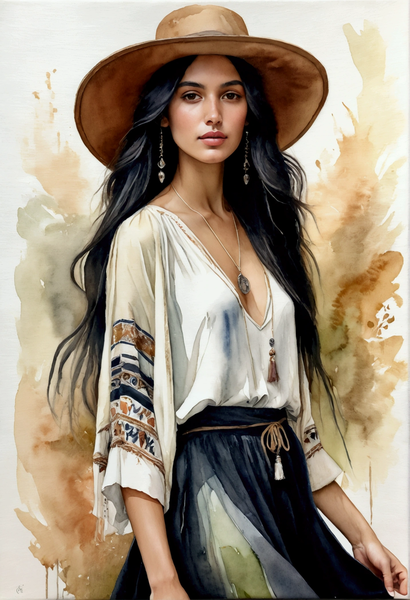 A watercolor work of art capturing a beautiful model, young olive skin and long, straight black hair, wearing a boho-chic ensemble featuring a floppy hat, flowing maxi skirt and layered accessories