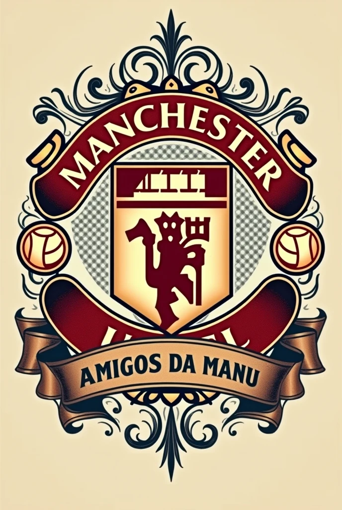 Old Manchester City crest with the initials U.T.F.C and below on the strip AMIGOS DA MANU