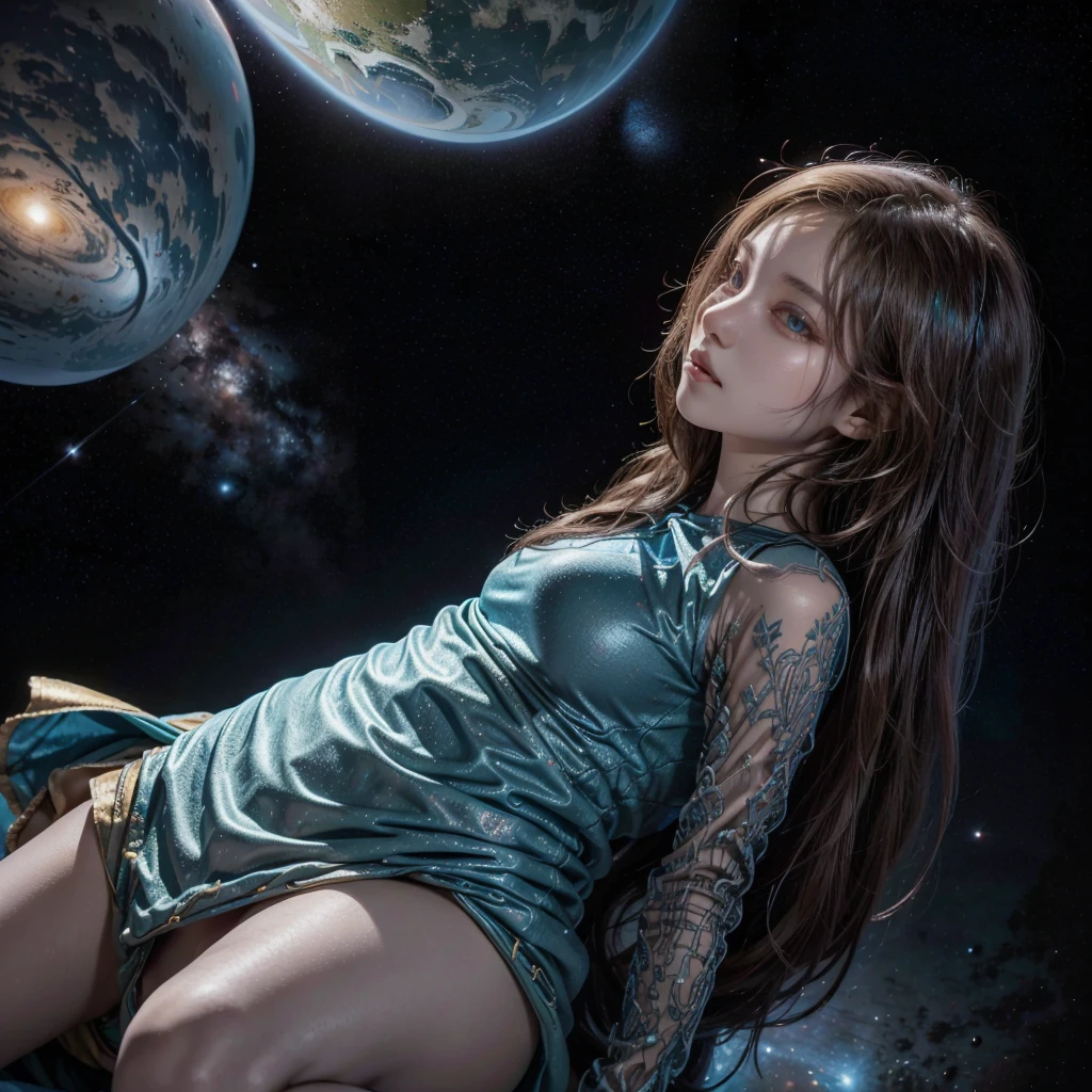 best qualityer, detailded, 4K, CRU photo, work of art, detailded face,, stele, planetes, Galaxy, space,, a photo of anycemar flying in space, hair blue, bangss, long hair, looking ahead at viewer, 