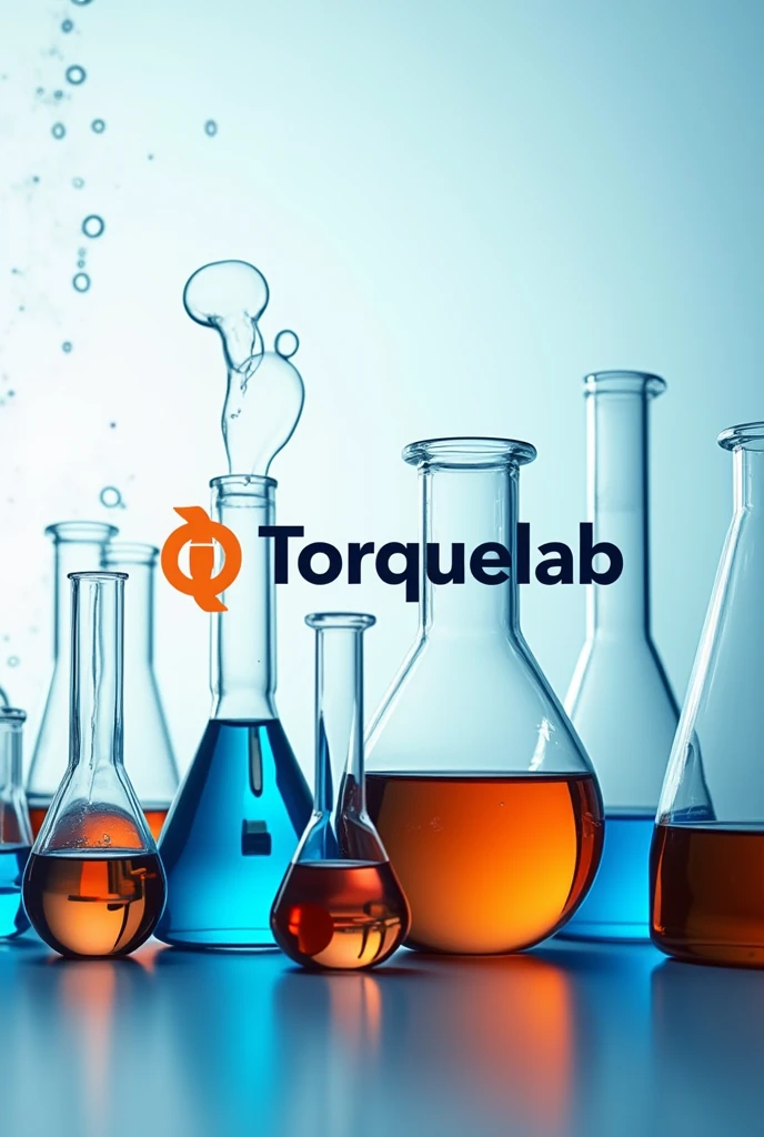 Torquelab company logo with laboratory jars and orange and blue color with the torquelab logo more vivid