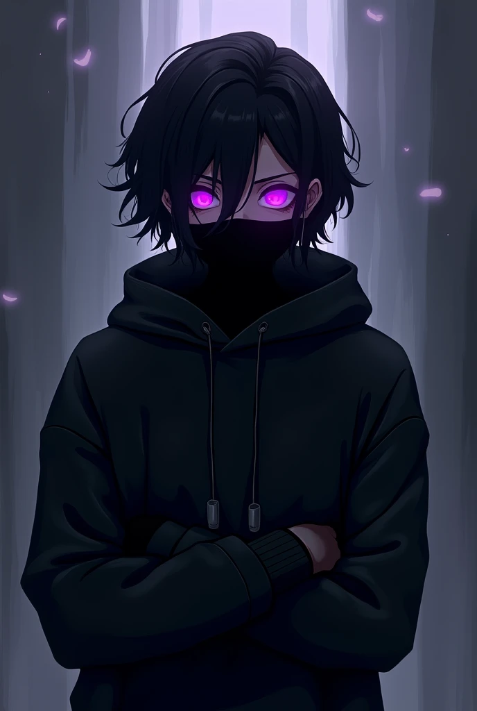 Appearance: hacker looking forward , 2d anime style , with short wavy hair , with a dark face with black hair standing on end. He wears a black mask that covers part of his face and small headphones in his ears.. He has a happy face and with his arms crossed he is covering his eye with an evil look., its general appearance is gloomy , recalling an ethereal and dark presence. eyeballs: Intense and illuminated purples, increasing its mysterious and frightening aura. Clothing: Wears a black sweatshirt that enhances his shadow appearance. Personalidade: Exudes a calm and calculating demeanor, rarely loses composure. His glowing purple eyes and shadow-like appearance contribute to his enigmatic and unsettling presence.. history: Carries a dark past that shaped his menacing aura, with his hidden face and glowing eyes suggesting a deep inner conflict between light and darkness.
