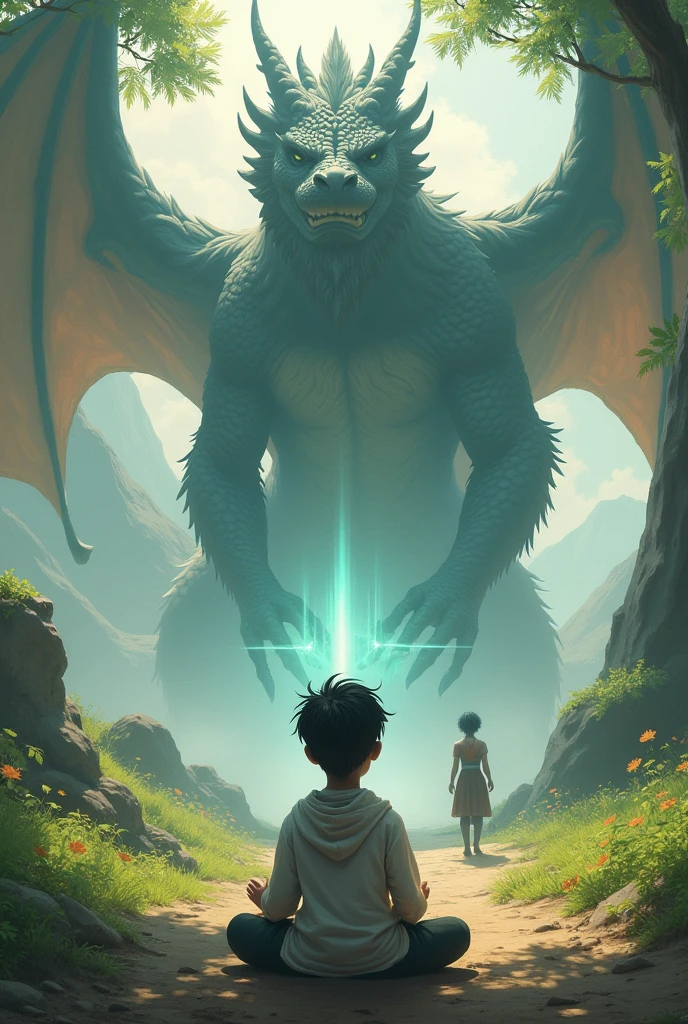 A small child meditates with the spirit of a large dragon accompanying him in front of the person who will duel with him.
