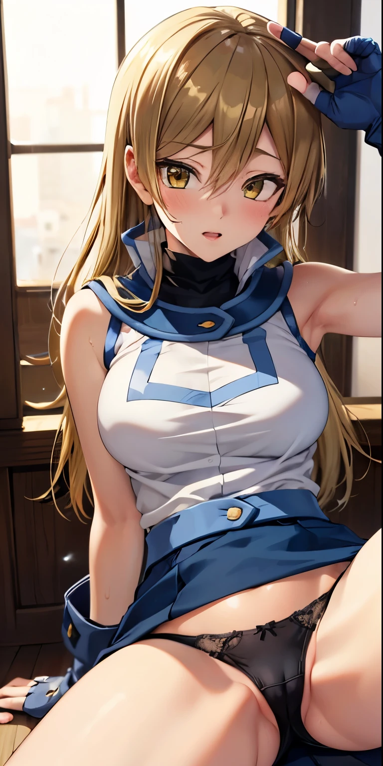 1 Female,High definition,high resolution,Ultra-realistic,8K, ta1,blonde hair,long hair,yellow eyes, white jacket, sleeveless, blue skirt,tight skirt , miniskirt,fingerless gloves,European,sexy,Upper body close-up,Photographed from the front,Dynamic Angles,blush, medium tits, happy, wink the eye,facial, sweat,multicolored hair ,(wide thighs:1.4),(black panties),(show panties),(spread legs),(open panties),(show pussy),(open pussy)