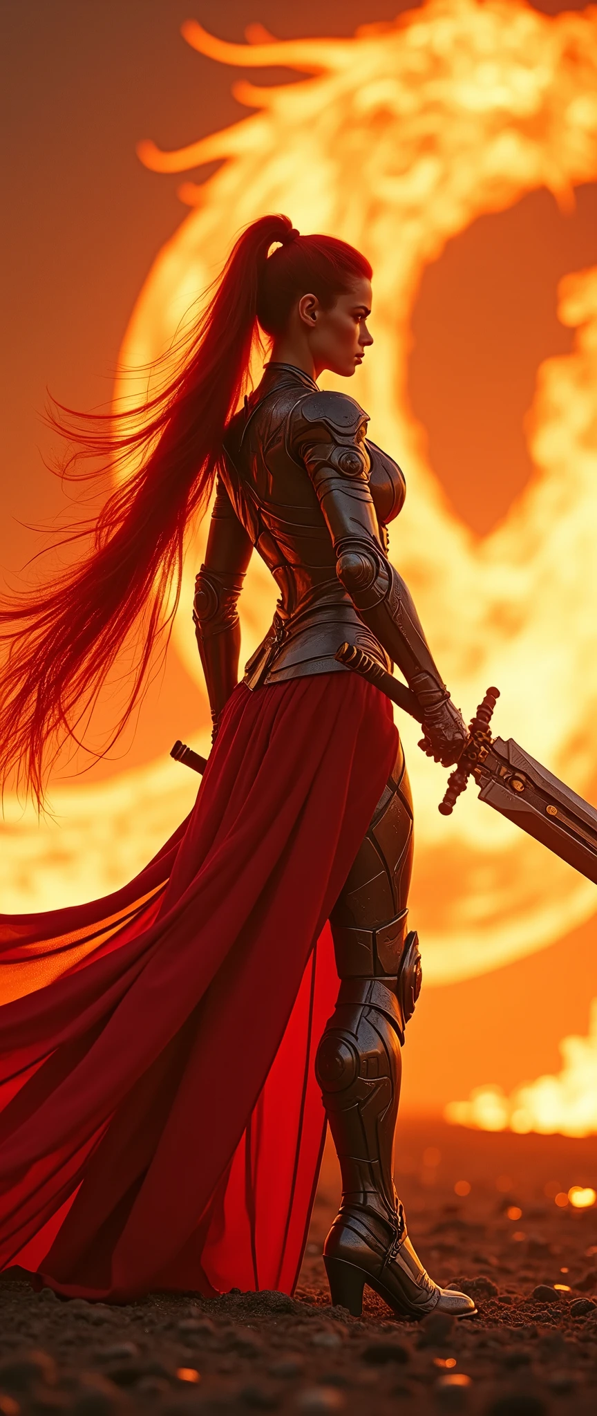 In a cinematic Cowboy Shot framing, a majestic woman dons armored core-style ninja robot armor, her bright red hair flowing like flames in a long ponytail down her back. Against the fiery backdrop of a red battlefield, where a translucent dragon crafted from summoned flames takes shape. She stands poised, grasping a massive sword with both hands, ready for battle. Her cyberpunk-tinged armor glows with electronic vitality, while her detailed face and body radiate a sense of intensity. Hair blown back by the wind, she embodies the essence of a Flame Ninja, prepared to unleash a dynamic display of combat prowess, complete with flashy special move effects that illuminate the smoldering landscape.
