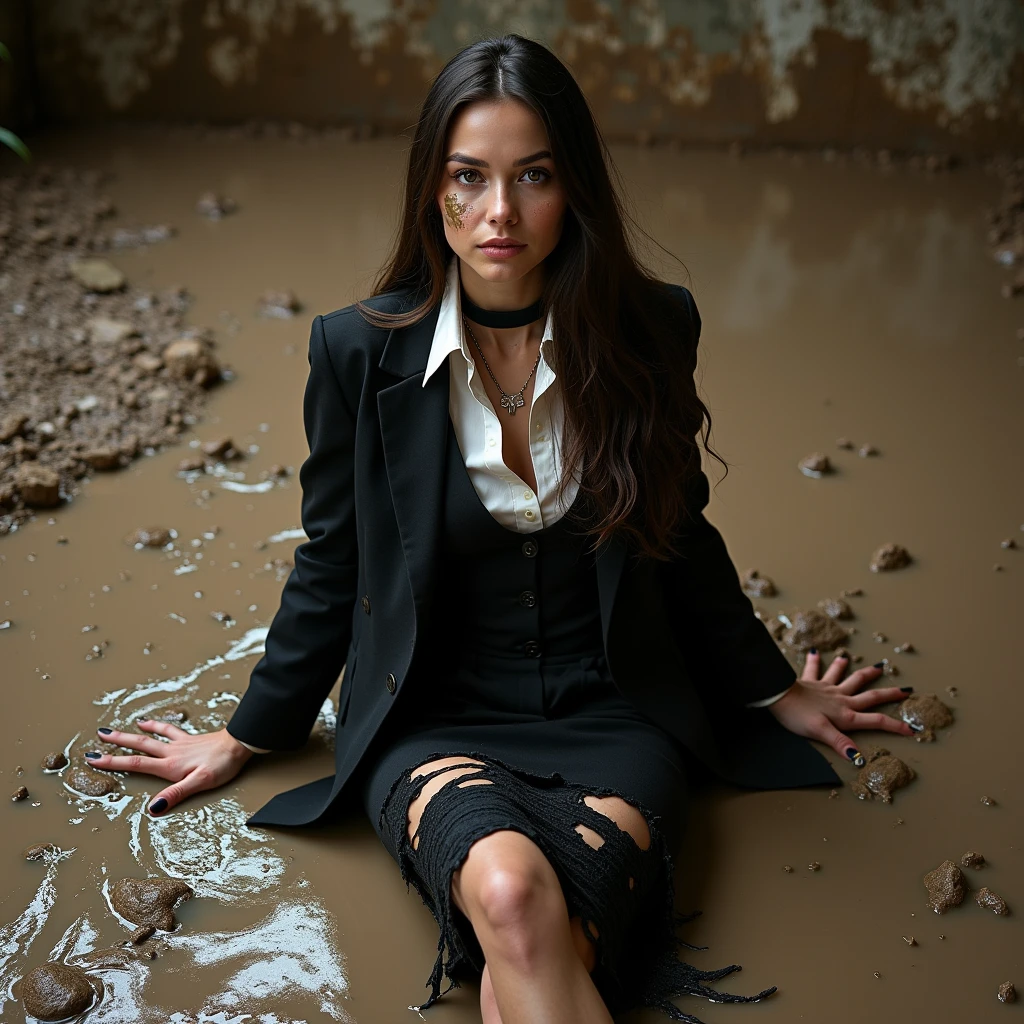 A super realistic photo of one slender business lady, model-like appearance with long hair. She is dressed in a long and black and ripped business pencil skirt made from cotton fabric, black and muddy and torn business jacket made from cotton and wool fabric. black business vest, white muddy shirt, stockings, black choker on the neck. She located in very muddy office for painting. She sitting deep in the water and liquid mud in flirtatious and modest pose, dips her legs, backs in the liquid mud and ripped her clothes, smear a lot of liquid mud and white oil paint on own clothes and torn it by hand. All her clothes is muddy, torn, ripped and sloppy, her black business pencil skirt and jacket are very stained in a liquid white oil paint drops and drizzles. She look like have played in mud in a large swamp with brown liquid mud, her clothes covered with liquid mud from head to toe. The studio light brilliantly illuminates all her clothes in details, casting small shadows and emphasizing the texture of the mud on her clothes. Please focus on stains of liquid mud on her clothes. View angle of the camera from top and left from the business lady.
