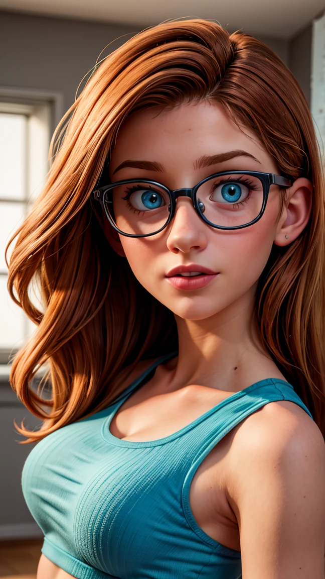 girl, close-up, glasses, intelectual, nerd, selfie for social media, High quality, 8K Ultra HD, hyper-realistic portrait of a perfect 21-year-old fit beautiful Nordic woman wearing a minimalistic bright turquoise gym outfit. The artist captures the woman with mysterious, long, and slightly wavy red hair, captivating blue eyes that show a sense of mischief, and a confident glance directly into the camera with her captivating eyes. Every subtle delicate nuance of her attractive face, the intricacies of her gaze, and the cascading strands of her hair are perfectly captured. The artist employs a mastery of modeling lighting techniques, creating a studio lit environment that perfectly captures her entire face looking directly at the camera. Her entire head and hair are captured in this masterpiece.
