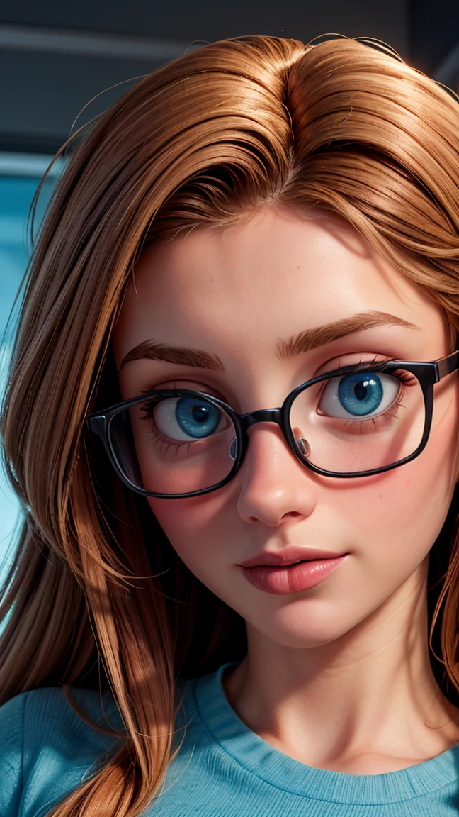 girl, close-up, glasses, intelectual, nerd, selfie for social media, High quality, 8K Ultra HD, hyper-realistic portrait of a perfect 21-year-old fit beautiful Nordic woman wearing a minimalistic bright turquoise gym outfit. The artist captures the woman with mysterious, long, and slightly wavy red hair, captivating blue eyes that show a sense of mischief, and a confident glance directly into the camera with her captivating eyes. Every subtle delicate nuance of her attractive face, the intricacies of her gaze, and the cascading strands of her hair are perfectly captured. The artist employs a mastery of modeling lighting techniques, creating a studio lit environment that perfectly captures her entire face looking directly at the camera. Her entire head and hair are captured in this masterpiece.