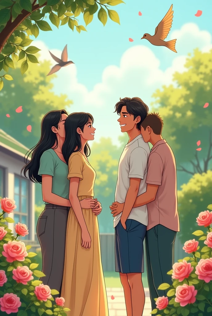 2 black-haired women, one with short hair and the other with long hair, and 2 men hugging each other super happy in the backyard of their house while roses bloom and birds fly around super free 2d anime