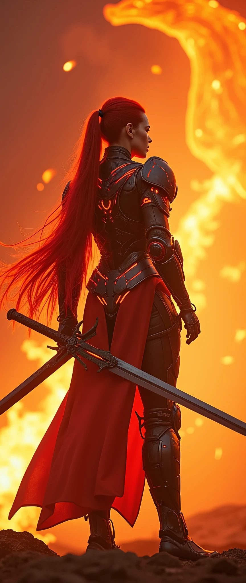 In a cinematic Cowboy Shot framing, a majestic woman dons armored core-style ninja robot armor, her bright red hair flowing like flames in a long ponytail down her back. Against the fiery backdrop of a red battlefield, where a translucent dragon crafted from summoned flames takes shape. She stands poised, grasping a massive sword with both hands, ready for battle. Her cyberpunk-tinged armor glows with electronic vitality, while her detailed face and body radiate a sense of intensity. Hair blown back by the wind, she embodies the essence of a Flame Ninja, prepared to unleash a dynamic display of combat prowess, complete with flashy special move effects that illuminate the smoldering landscape.
