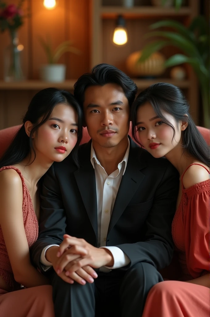 an indonesian handsome man sitting on a sofa, 1man surrounded by 3 beautiful Indonesian young girls, detailed facial features, elegant dress, indoor setting, cozy lighting, photorealistic, highly detailed, 8k, best quality, masterpiece, dramatic lighting, cinematic composition